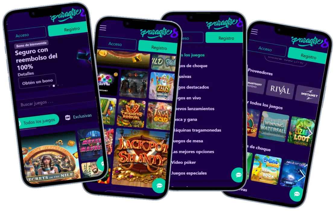 Paradise8 Casino en dispositivos móviles Versión móvil de Paradise8 Casino con juegos, promociones, menú y proveedores